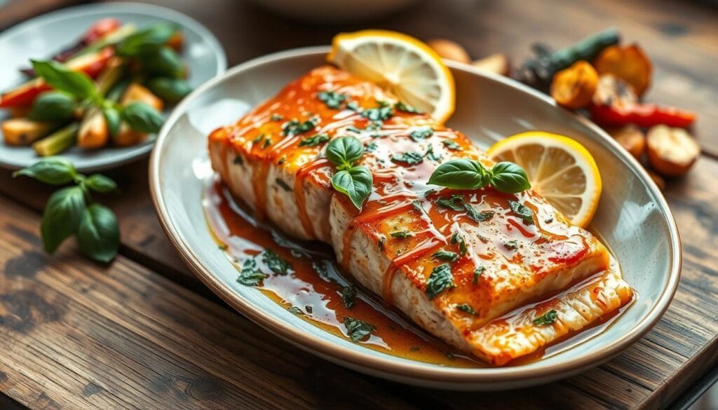 Baked King Salmon with Honey-Basil Marinade