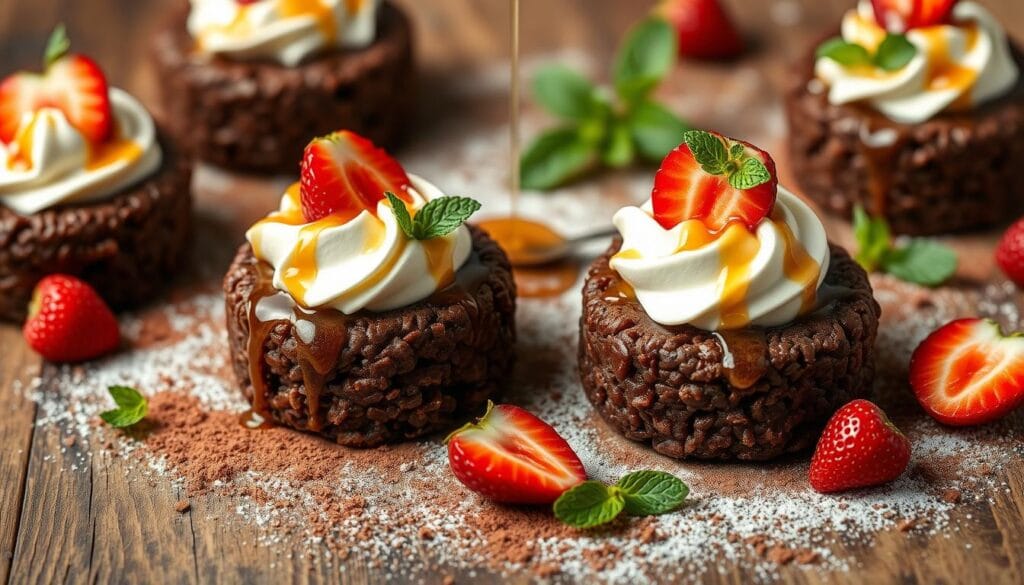 Chocolate rice cakes with toppings