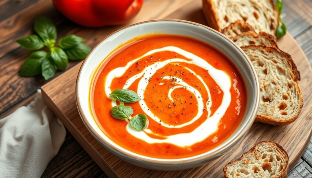 Garnished Roasted Red Pepper Gouda Soup