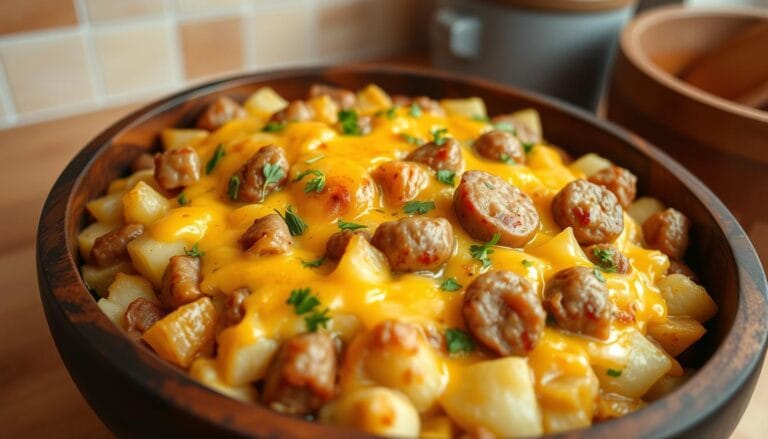 cheesy potato stuffing with smoked sausage