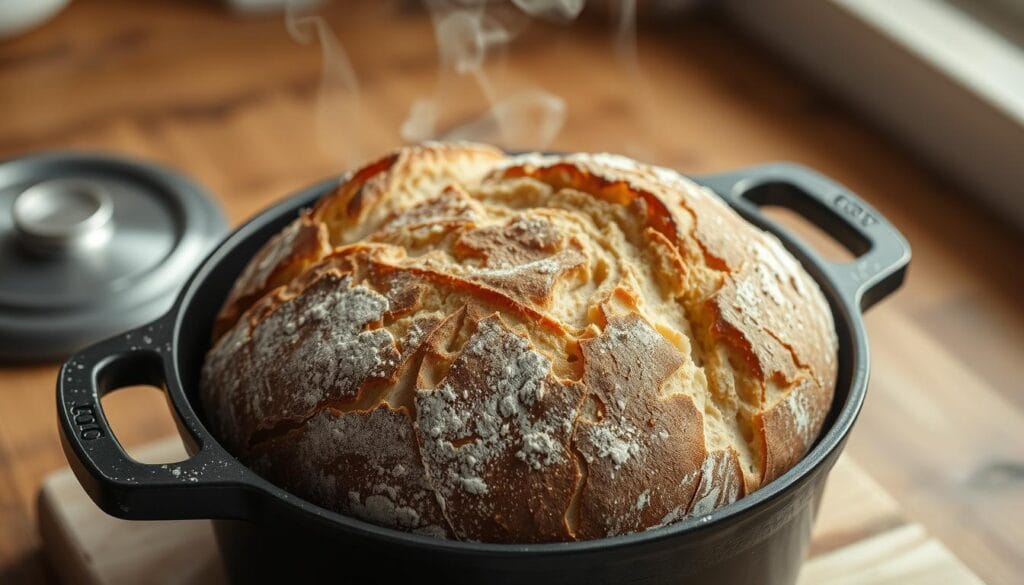 crusty bread in Dutch oven