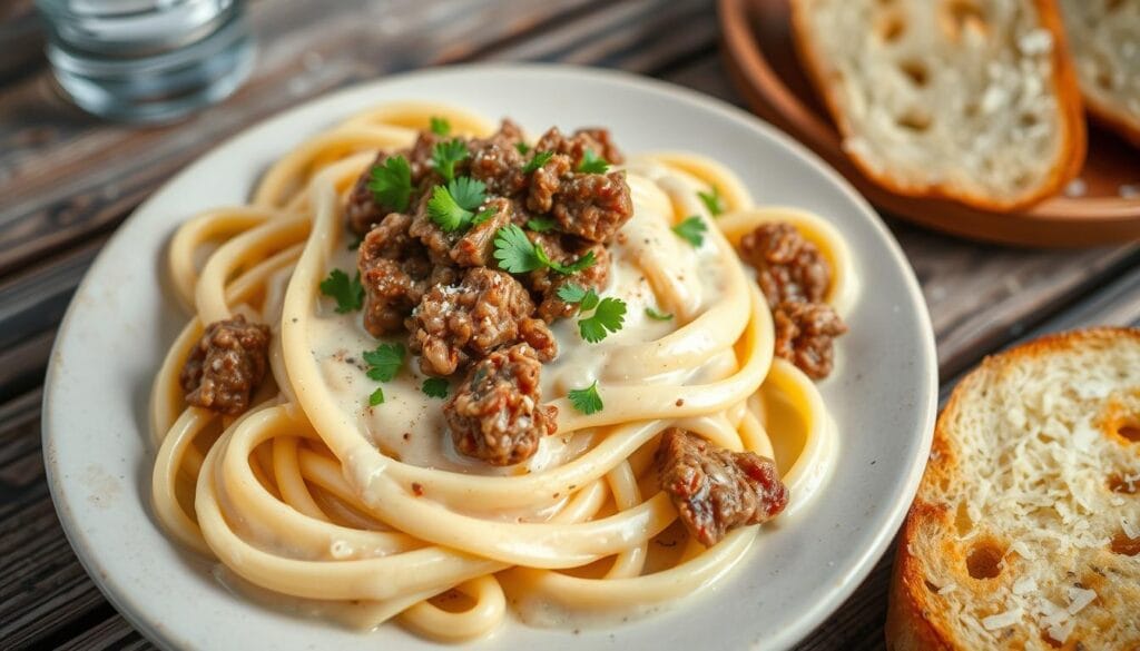 ground beef and fettuccine alfredo