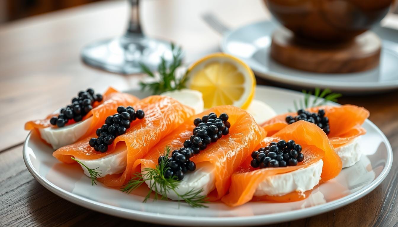 moked salmon with cream cheese and caviar​