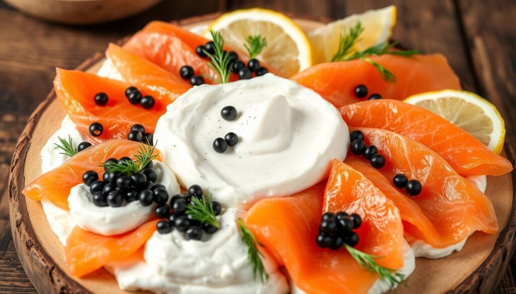 smoked salmon with cream cheese and caviar