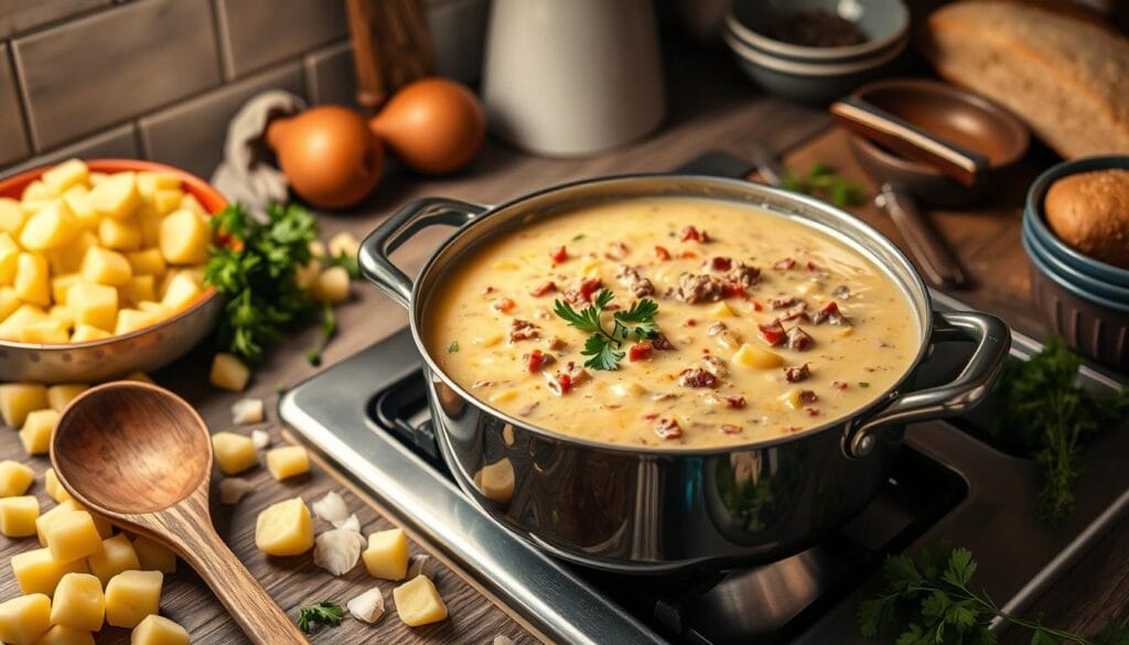 Creamy Potato and Hamburger Soup Preparation